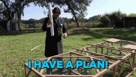 a man standing in a field with the words i have a plan