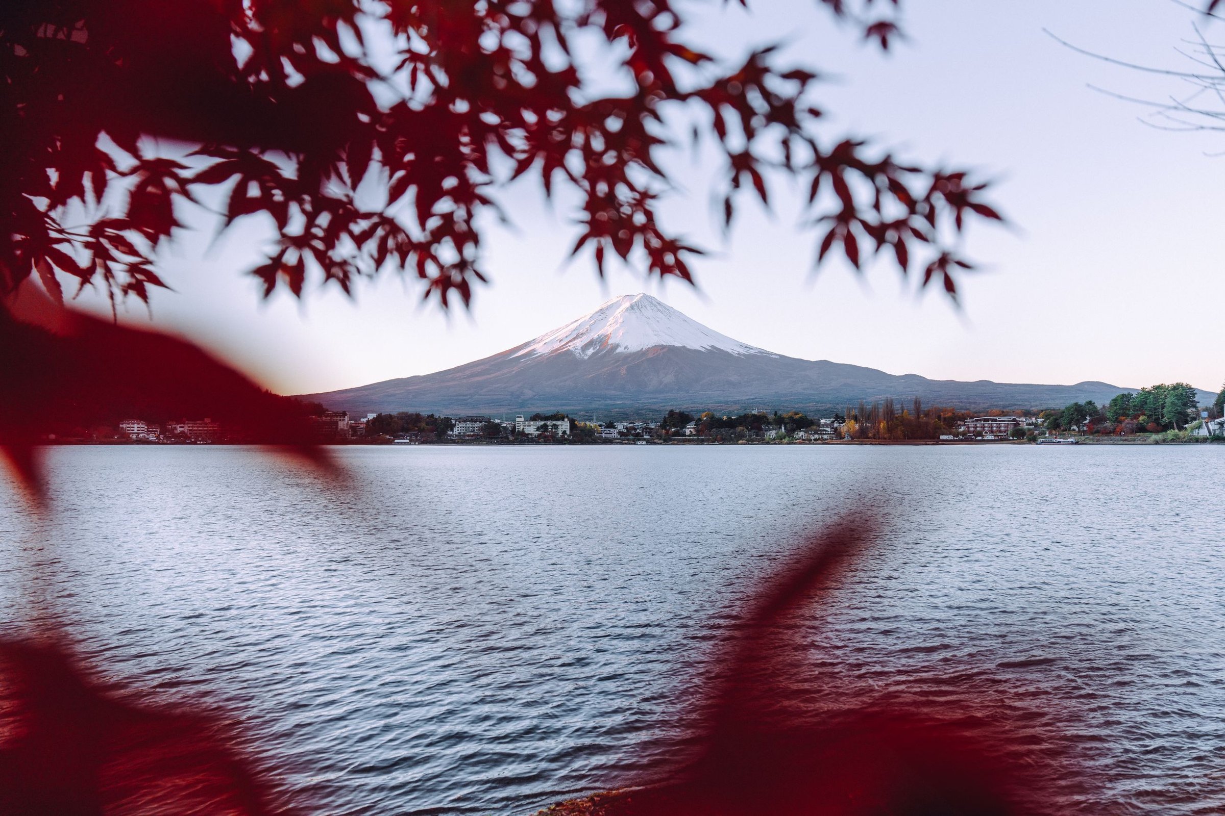 Gunung Fuji dan Danau Kawaguchi dengan daun maple merah