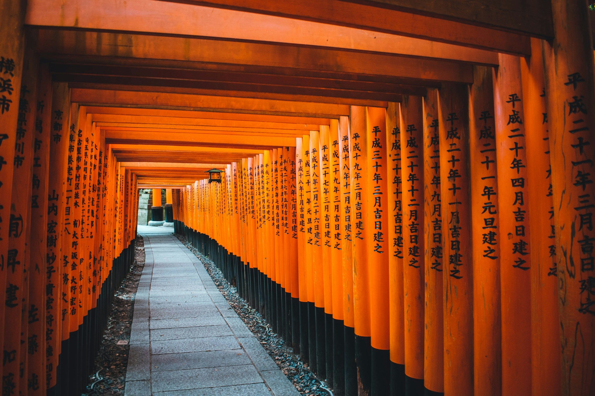 Terowongan torii jingga di Fushimi Inari Taisha, Kyoto