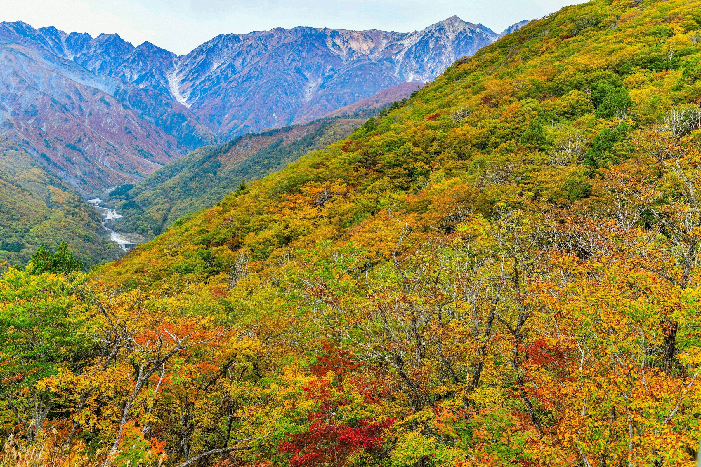 Lereng Hakuba Iwatake berwarna jingga dan merah dengan puncak Alpen di belakang