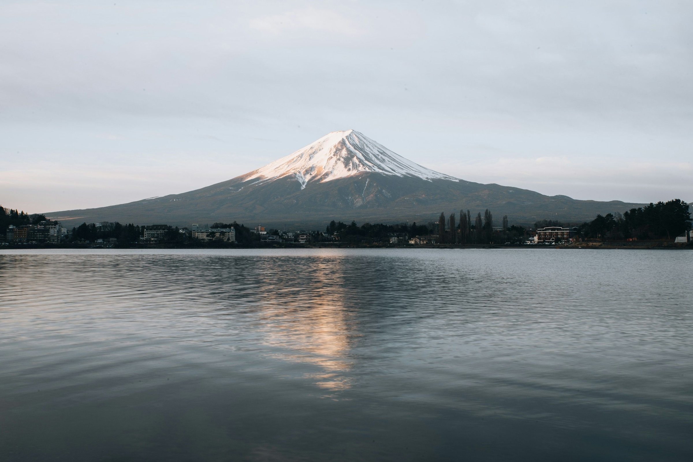 Gunung Fuji bersalju di seberang Danau Kawaguchi pada musim dingin, pepohonan meranggas dan langit kelabu
