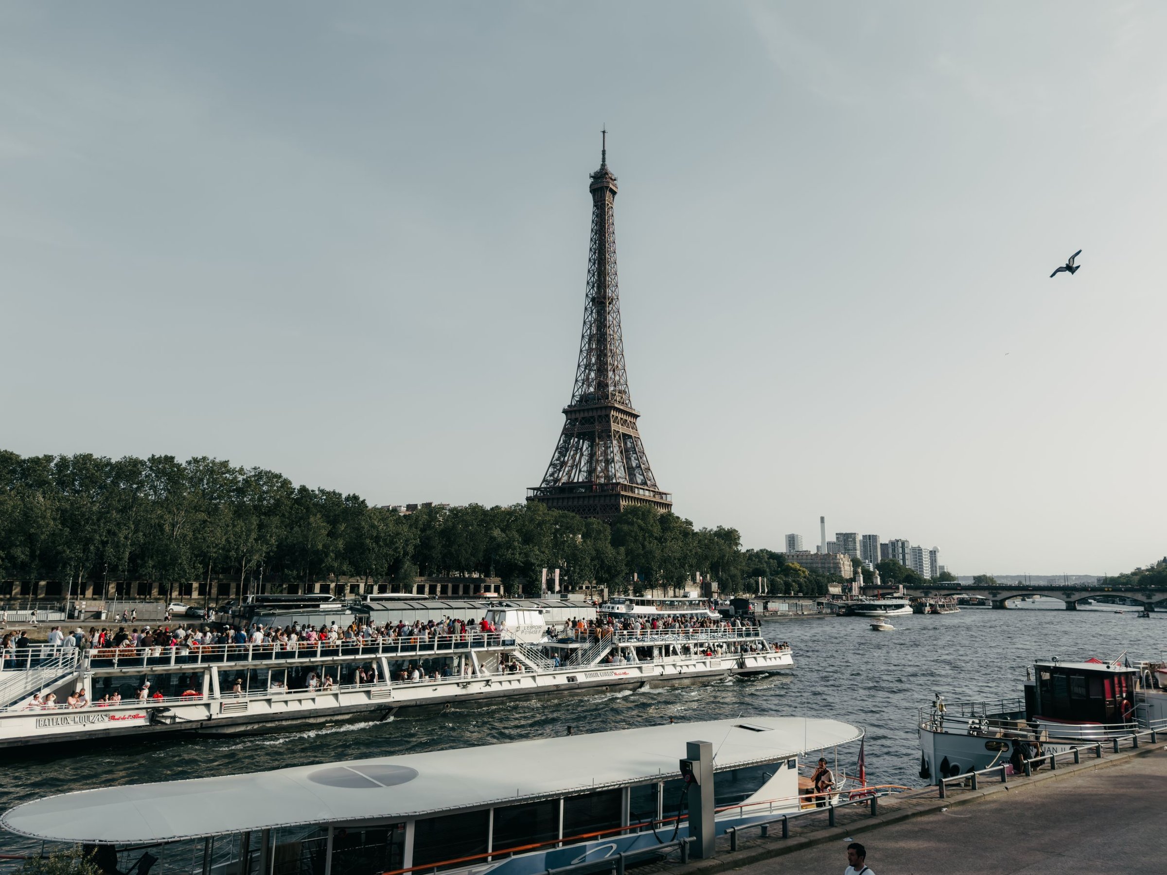 Rina & Bima: Berdua naik kapal di Seine River Cruise, motret Notre Dame dari atas air.