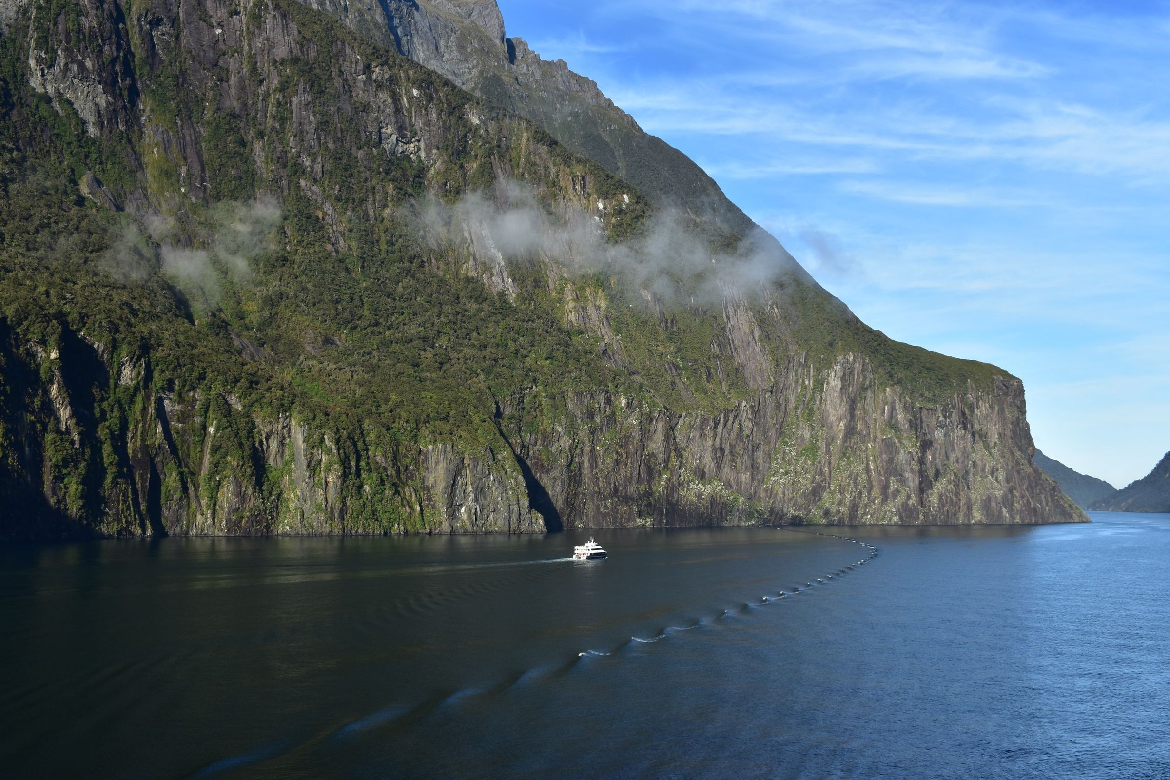 Bapak & Ibu Tanuwijaya: Kapal ke Milford Sound, tebing curam turun langsung ke laut di sela kabut pagi