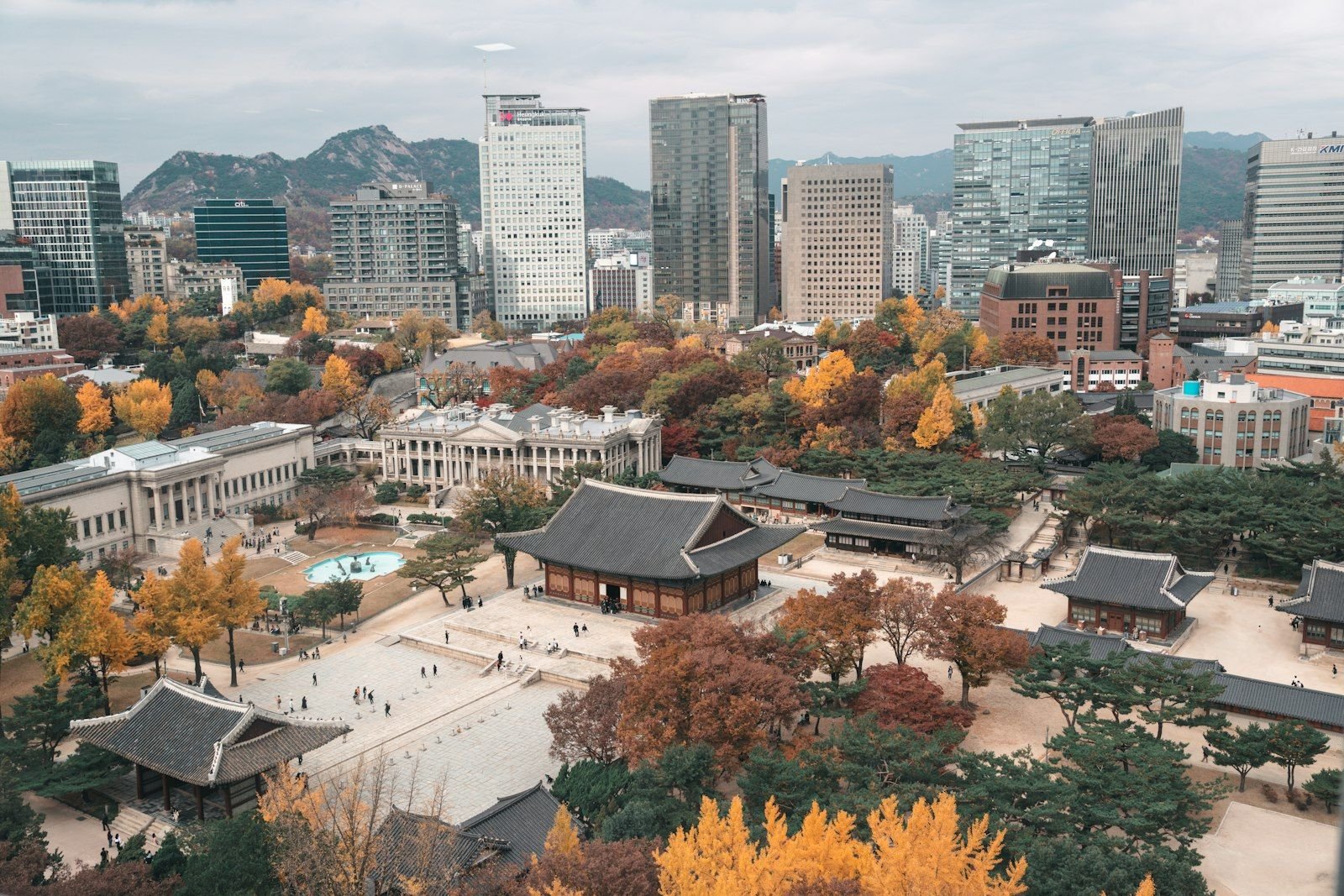 Pemandangan udara Istana Deoksugung Seoul di tengah rimbunnya pepohonan musim gugur.