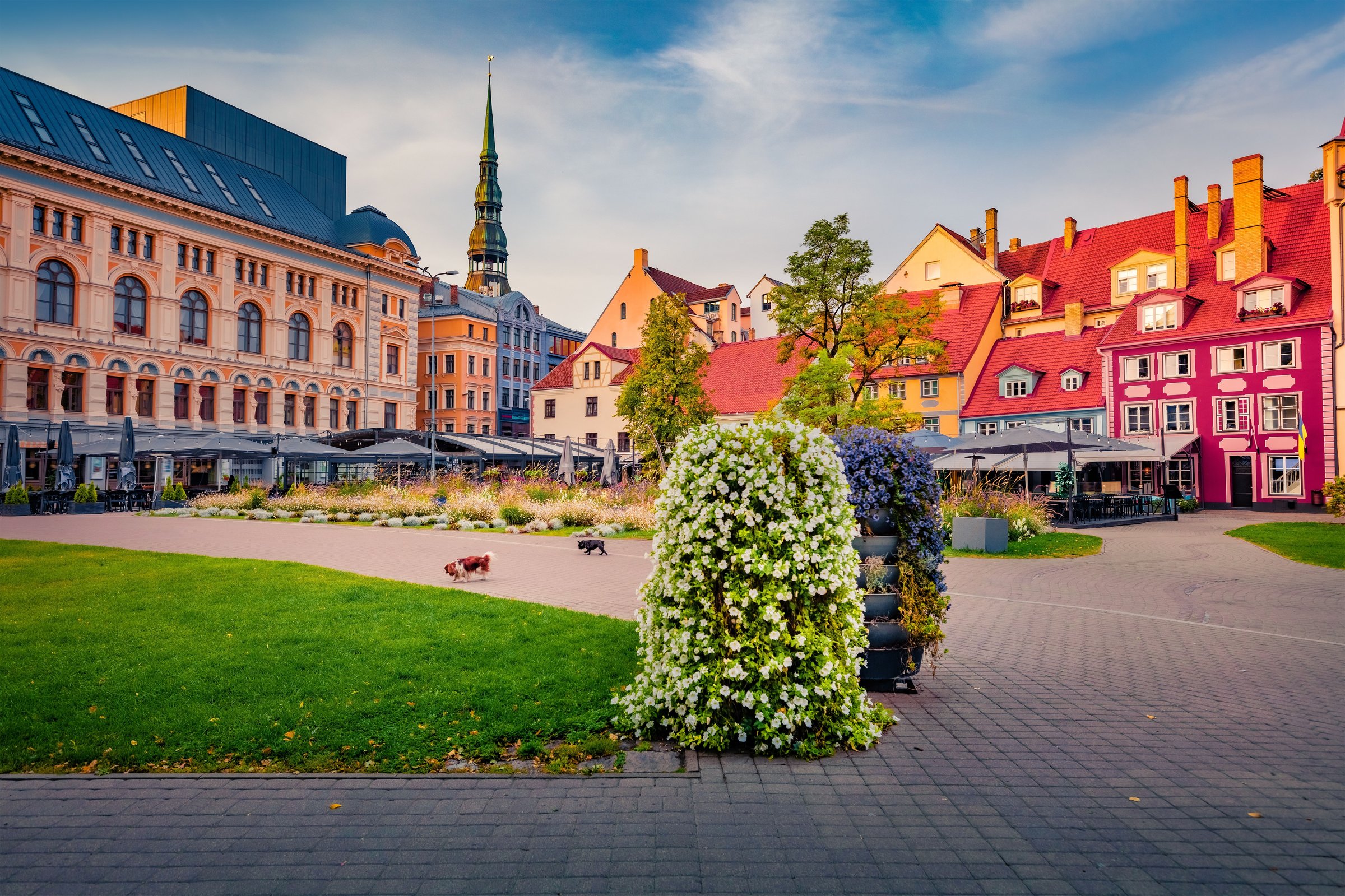 Bangunan berwarna dengan atap bergerigi di alun-alun kota tua Riga, Latvia
