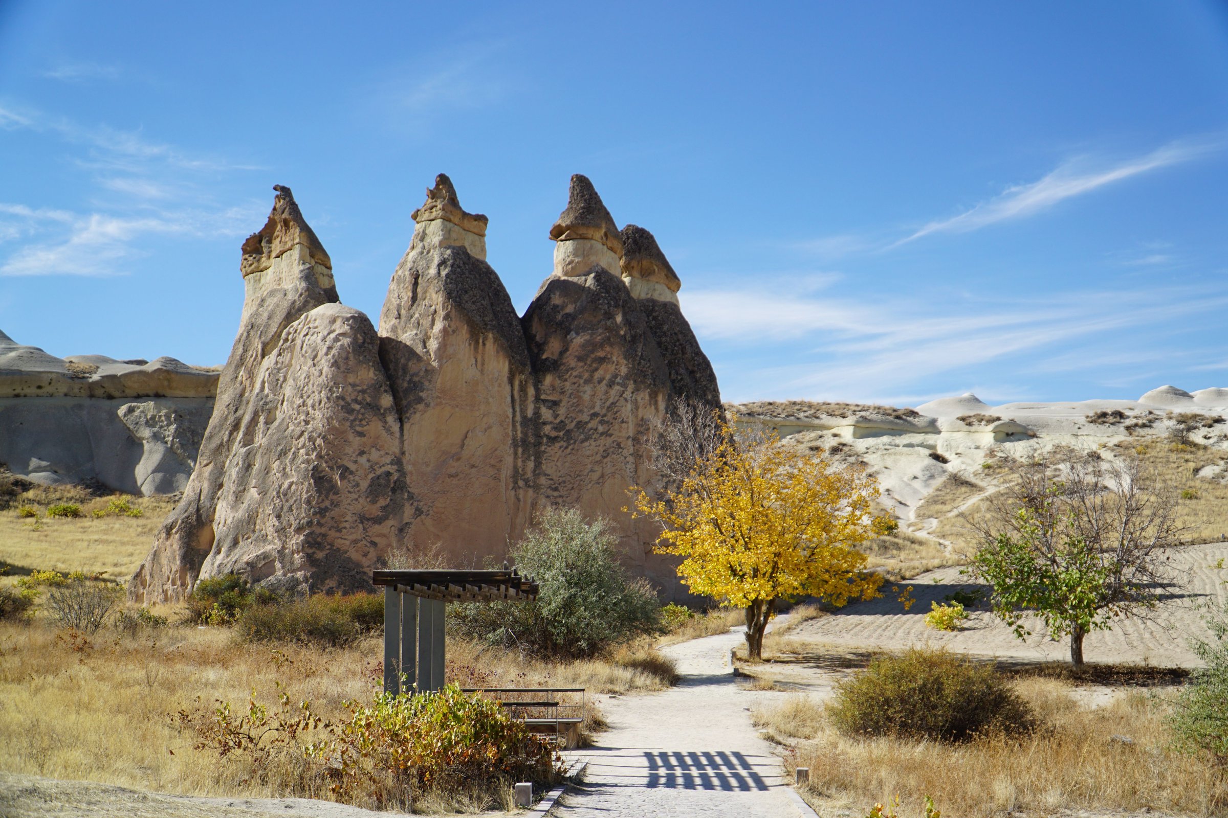 Formasi batu cerobong peri Cappadocia dengan pohon musim gugur kuning dan langit biru