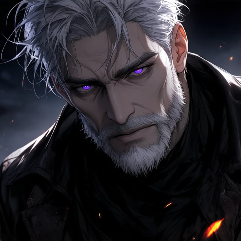 Glynn, a weathered silver-haired man with violet eyes and a calm expression.