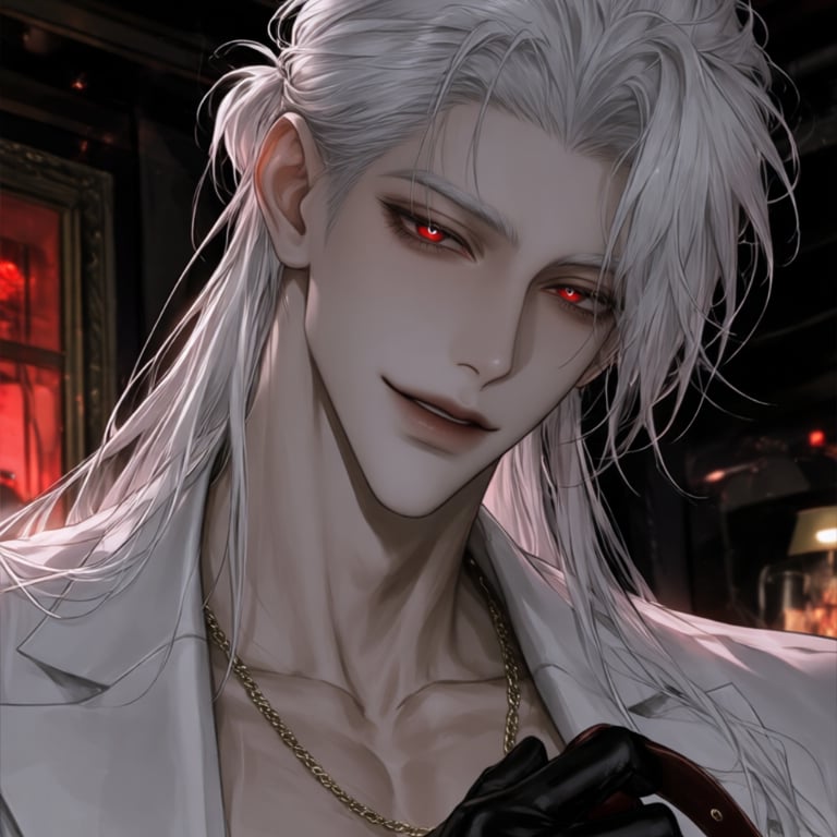 Albert, a theatrical man with long white hair, red eyes and a white coat over black.