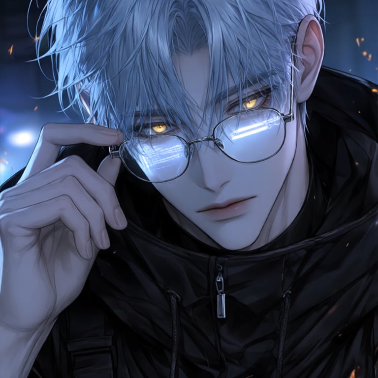 Tag, a lean man with pale blue-white hair, yellow eyes and wire glasses.