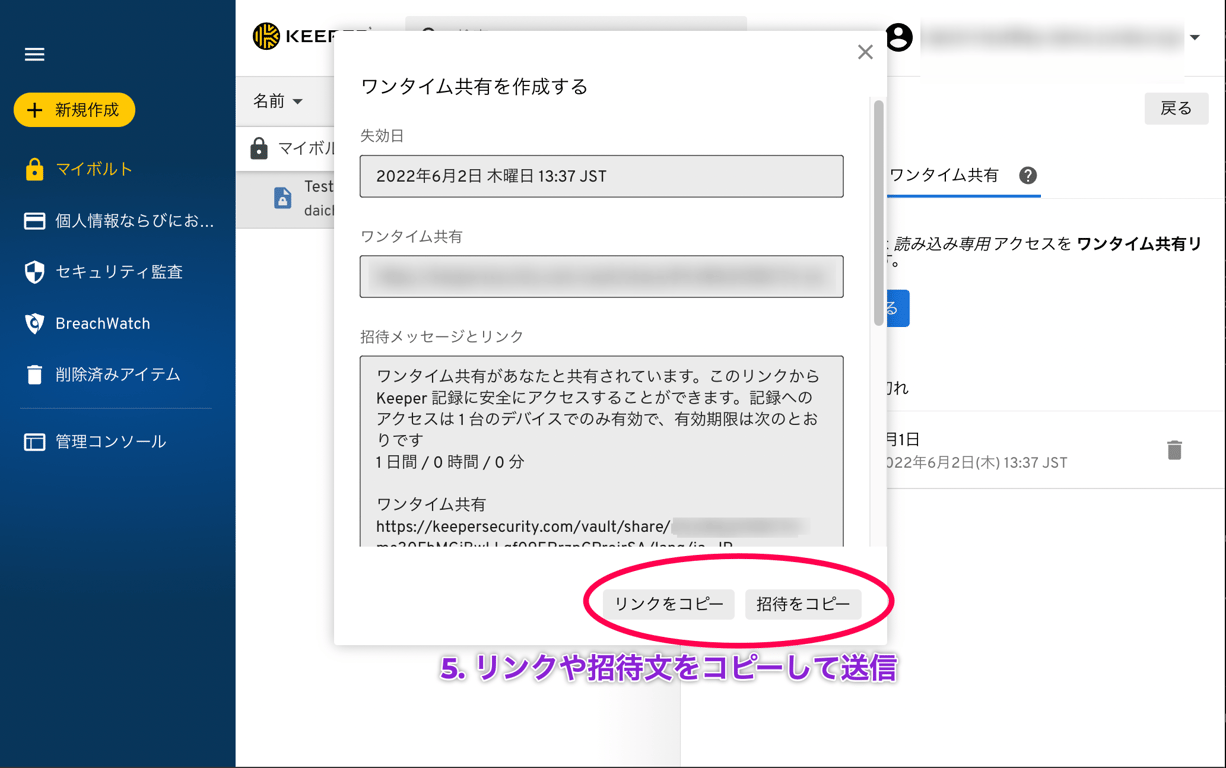 オプションを選択し、ワンタイム共有を選びます