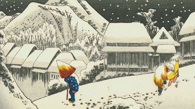 Japanese Woodblock Print of a Man in the Snow with a Cane and Umbrella