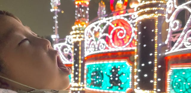 A boy with a severe disability watches the Electric Parade at Tokyo Disneyland