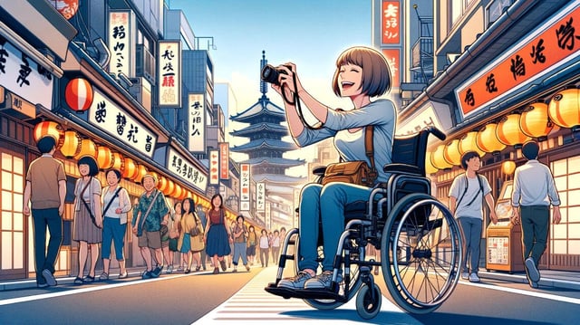 A manga-style illustration of a joyful woman in a wheelchair photographs a lively street with lantern-lit shops