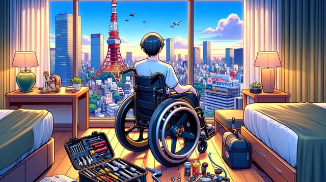 Person in wheelchair by window overlooking Tokyo Tower at sunset, with tools on floor.