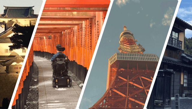 A collage featuring Kanazawa Castle at dusk, Fushimi Inari's torii gates with a wheelchair user, Tokyo Tower, and a traditional village street.