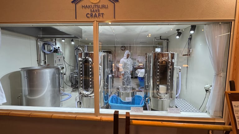 Viewing window of the microbrewery with stainless steel tanks and a worker in protective clothing