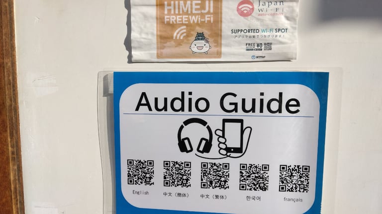 Free Wi-Fi and an audio guide with QR codes for multiple languages, including English, Chinese, Korean, and French. Free Wi-Fi and an audio guide with QR codes for multiple languages, including English, Chinese, Korean, and French.