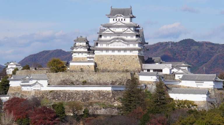 Himeji Castle with white walls and tiled roofs, surrounded by stone walls and trees, set against mountains from the roof of a building nearby.