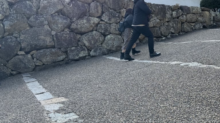 A steep pathway bordered by stone walls inside the castle grounds, which may be challenging for those with mobility issues. A steep pathway bordered by stone walls inside the castle grounds, which may be challenging for those with mobility issues.