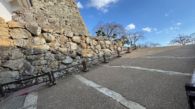 A steeper gravel path further into the castle grounds, with wooden railings for support. A steeper gravel path further into the castle grounds, with wooden railings for support.