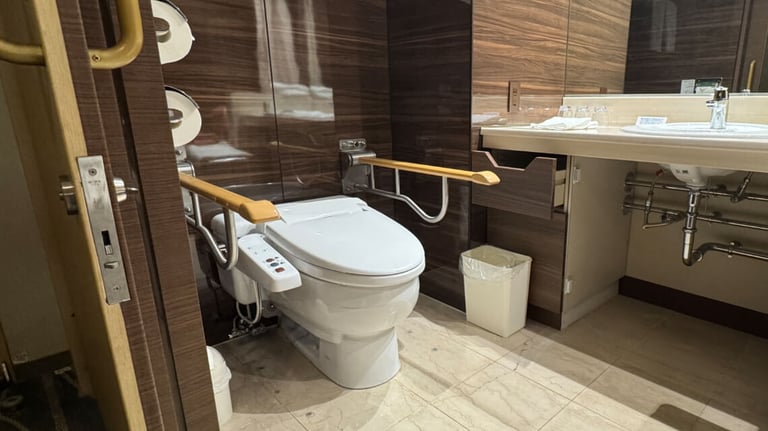 The accessible toilet includes a bidet with control buttons, foldable grab bars for support, and is adjacent to a sink with wheelchair access underneath.