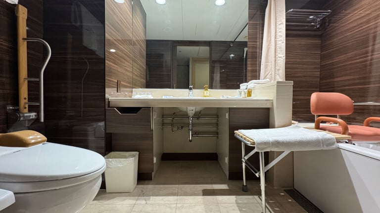 The accessible bathroom includes a lowered sink with open space for wheelchair access, a toilet with grab bars, and a shower area with a movable chair.