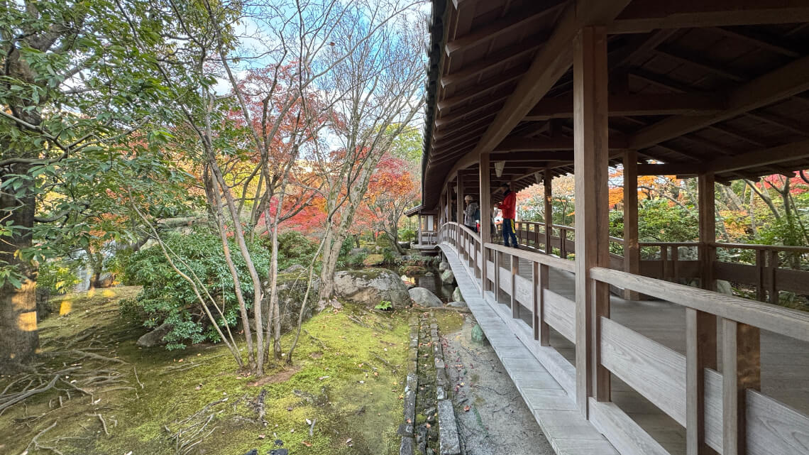 A covered wooden walkway with railings in Kokoen Garden, surrounded by trees with autumn foliage and a moss-covered ground below.