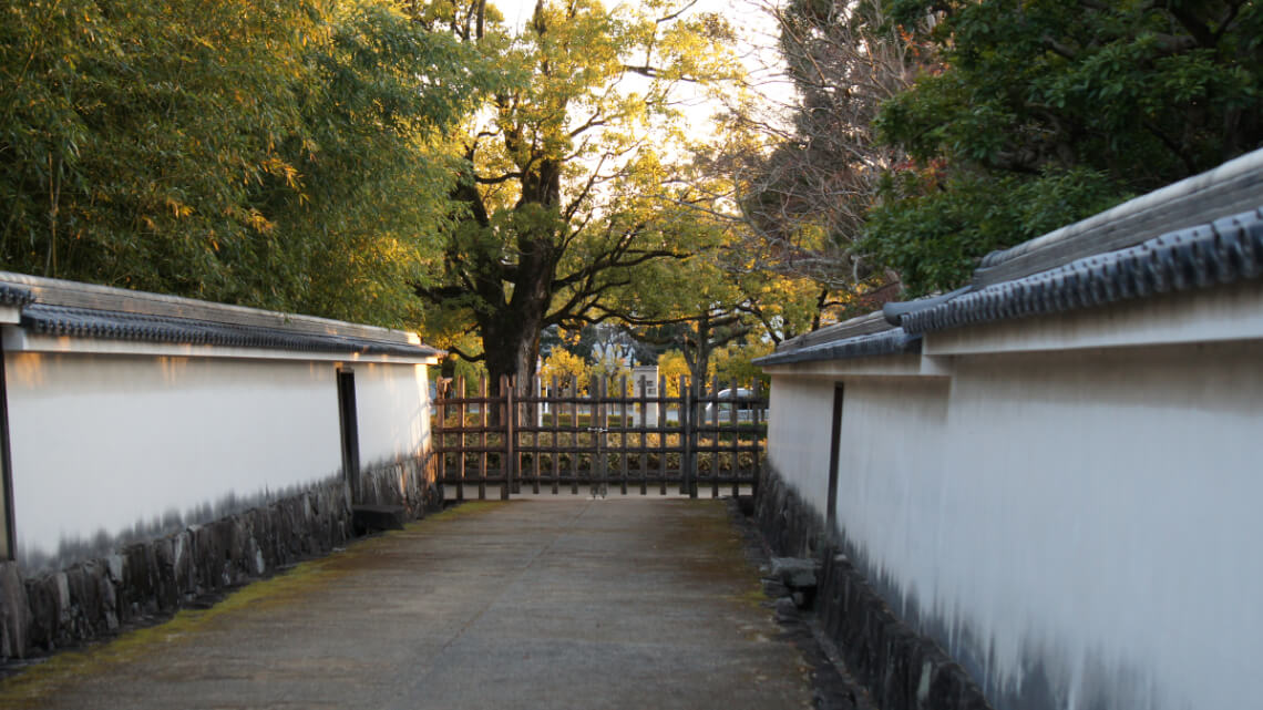 A straight pathway between white plaster walls with tiled roofs, leading to a wooden gate.