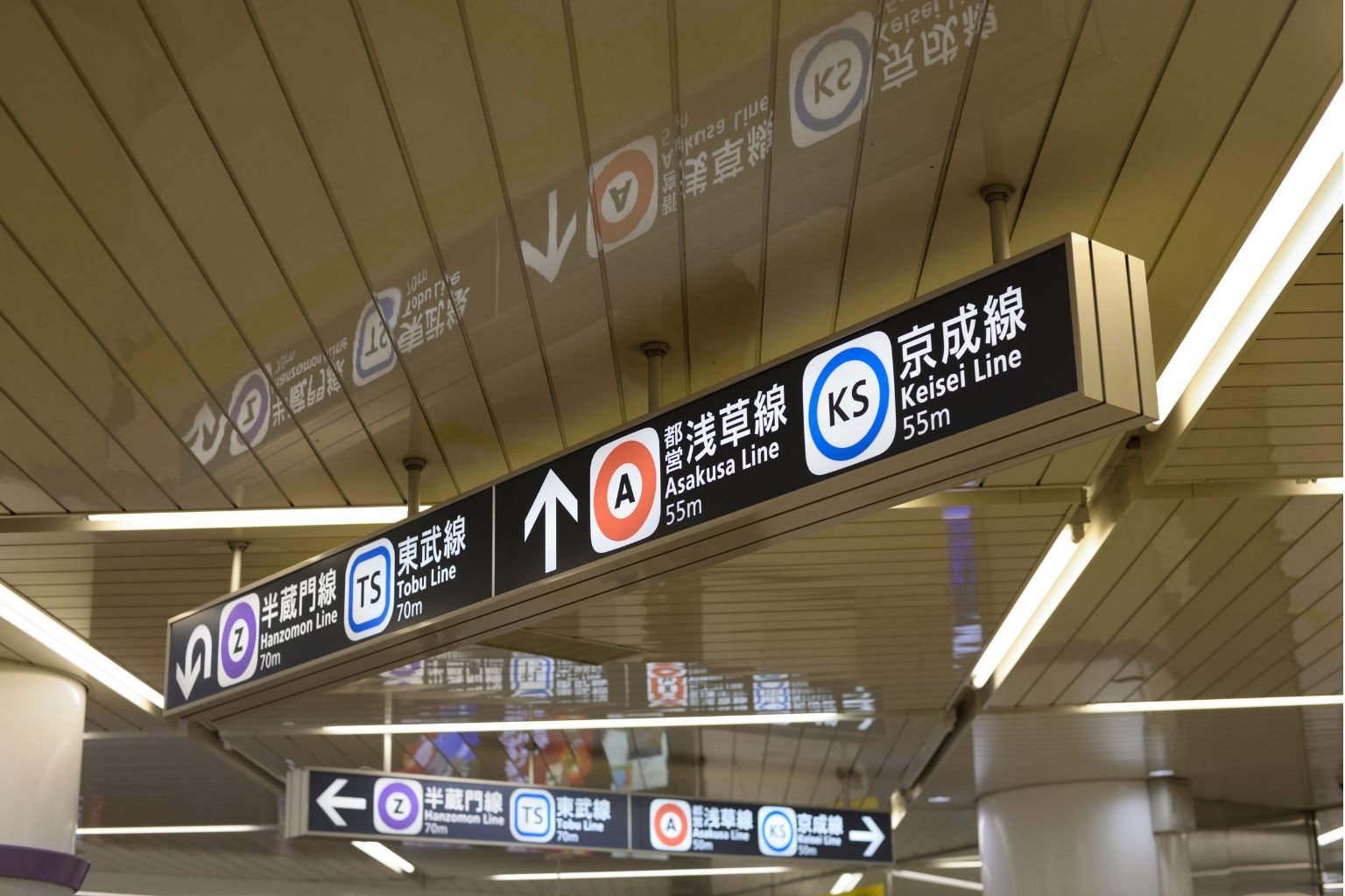 Ceiling-mounted directional signs inside a Japanese subway station, indicating directions to the Asakusa Line (A), Keisei Line (KS) at 55 meters, and the Hanzomon Line (Z) and Tobu Line (TS) at 70 meters. The signs are in both Japanese and English, with colored line symbols.