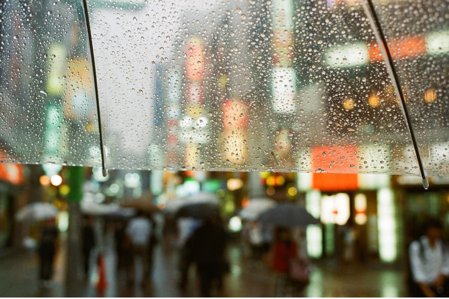 Close-up of a clear umbrella covered in raindrops, with a blurred view of a busy, brightly lit city street in the background. People carrying umbrellas walk through the rain, and neon signs glow in the distance.