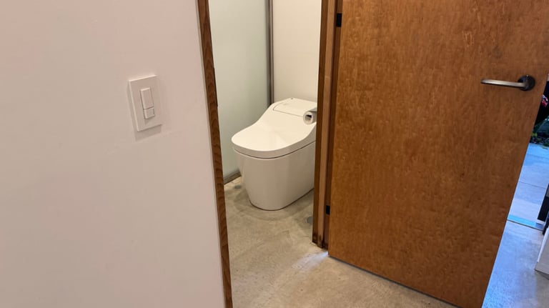 Modern white toilet inside a compact bathroom, partially visible through an open wooden door.