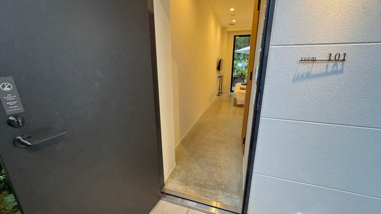 Open black door to Room 101 with a small entry lip, leading to a hallway and view of bed and outdoor patio area.