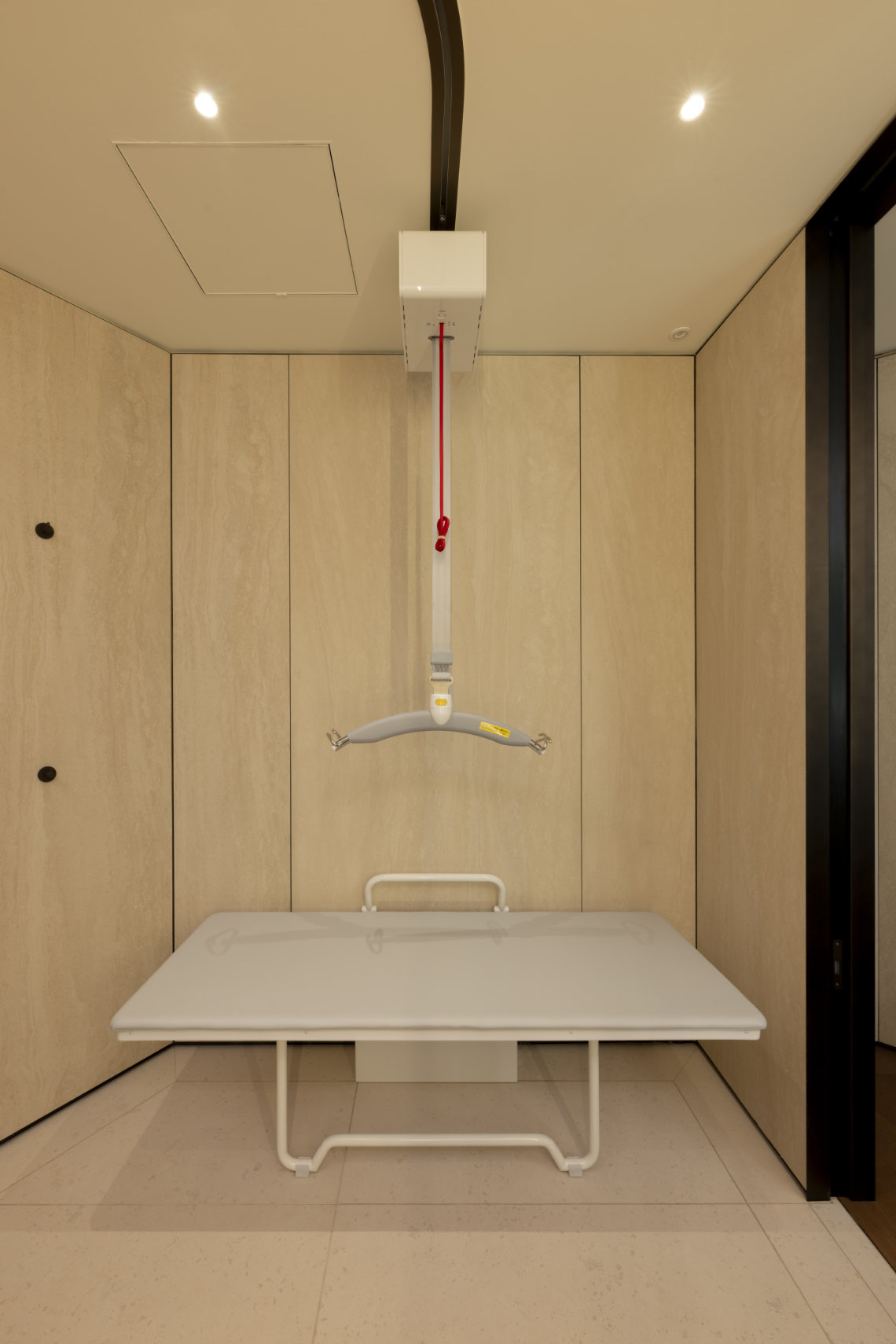 Changing table with an overhead ceiling lift in a clean, accessible room with light wood-paneled walls.