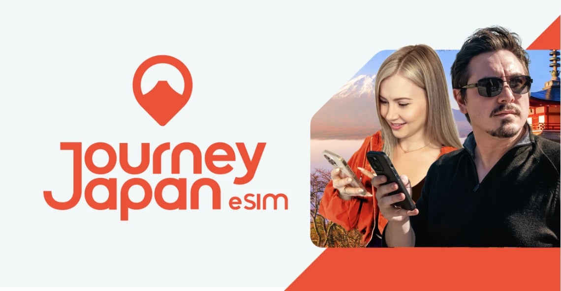 Two travelers using smartphones with Mount Fuji backdrop, promoting Journey Japan eSIM for easy mobile data in Japan.