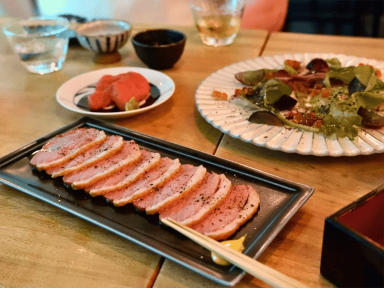 accessible kyoto sake tour smoked duck sashimi and salad 768x576