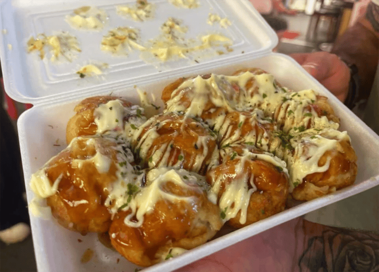 accessible osaka shinsekai evening tour takoyaki with mayo and sauce in box 768x552