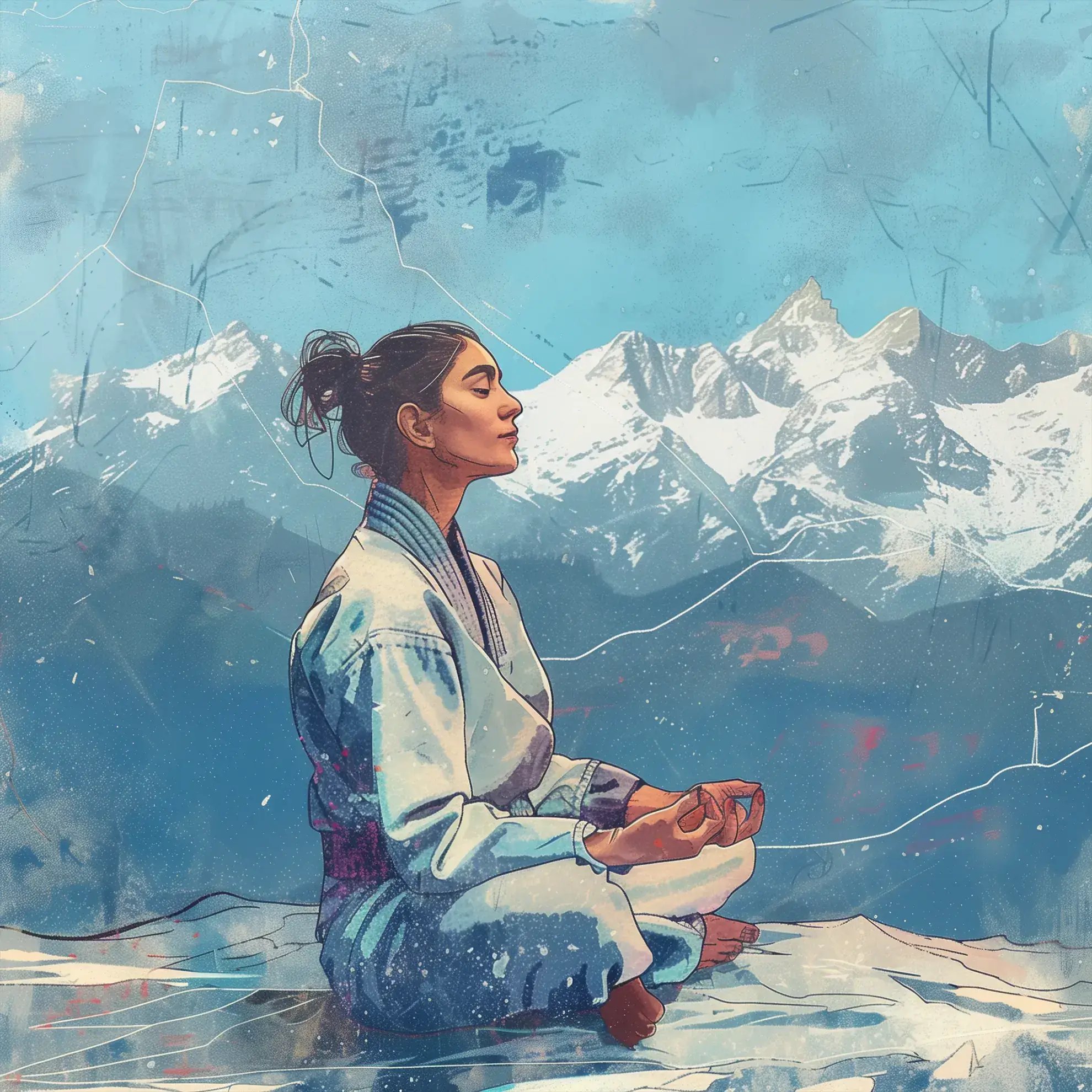 Một người trong môn Jiu-Jitsu gi của Brazil đang ngồi thiền yên bình trên một vách đá với dãy núi tuyết ở phía sau, tượng trưng cho lợi ích sức khỏe tinh thần của môn võ thuật này.