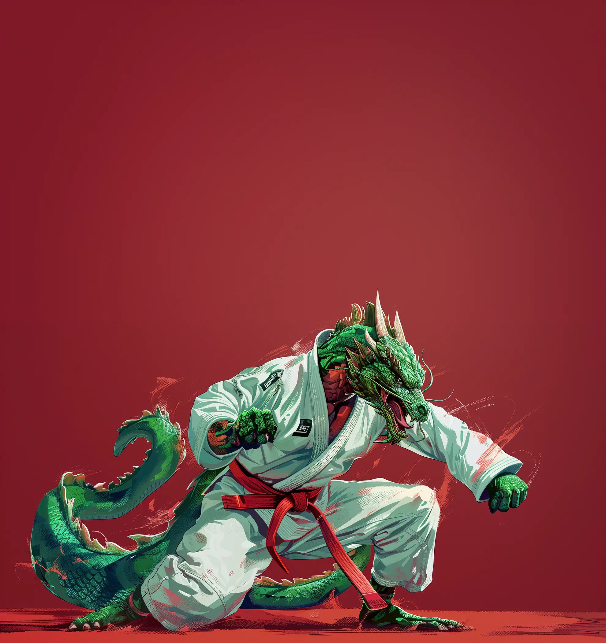 Иллюстрация дракона, стоящего в стойке бразильского джиу-джитсу, в белом ги и красном поясе, символизирующего тренировки боевых искусств в спортзале Super Kick Gym в Бангкоке, заведении, предлагающем занятия по BJJ и другим боевым искусствам.
