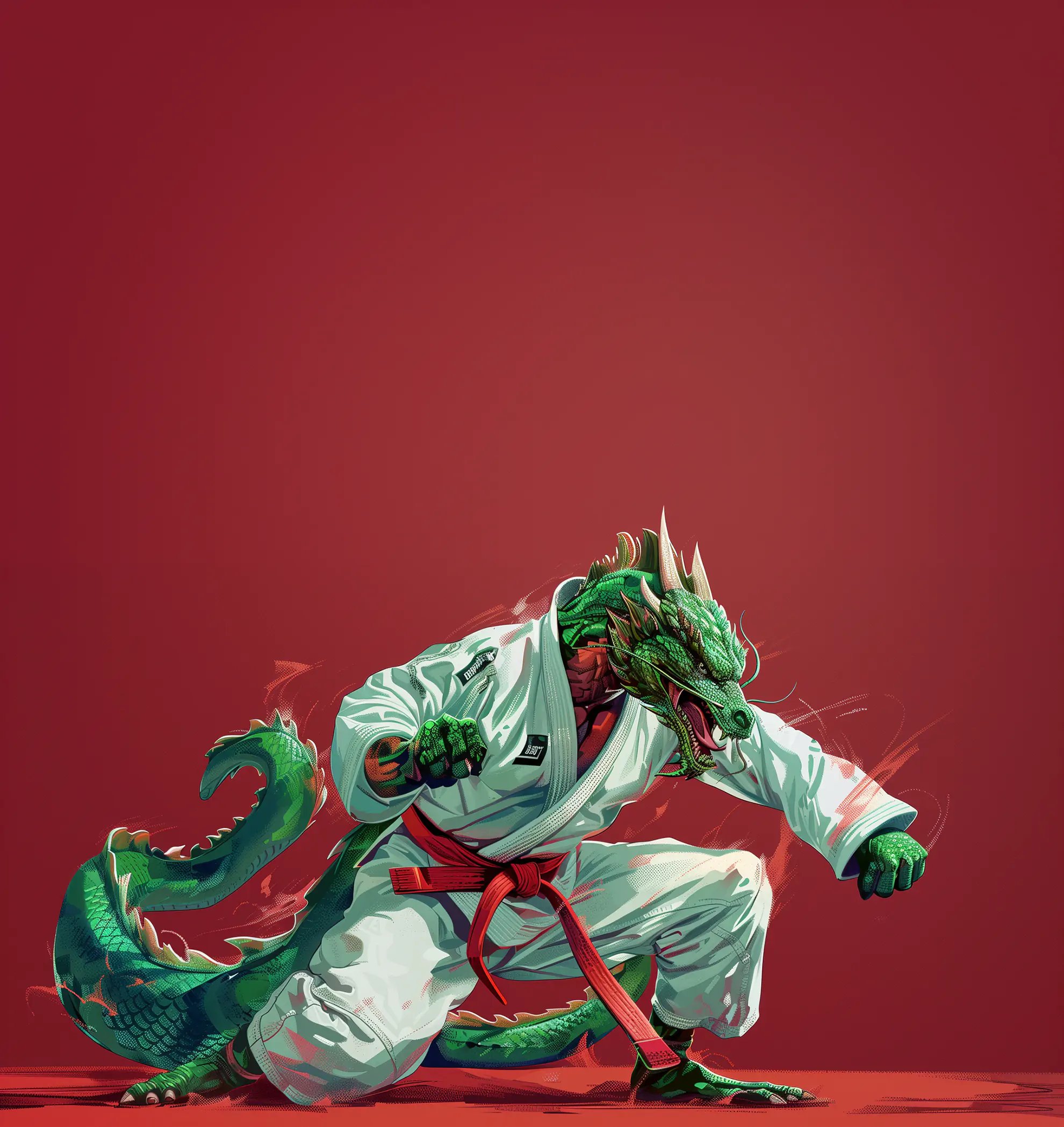 Hình minh họa một con rồng sẵn sàng trong tư thế Jiu-Jitsu của Brazil, đeo gi trắng và thắt lưng đỏ, tượng trưng cho việc luyện tập võ thuật tại Super Kick Gym ở Bangkok, một cơ sở cung cấp BJJ và các lớp võ thuật khác.