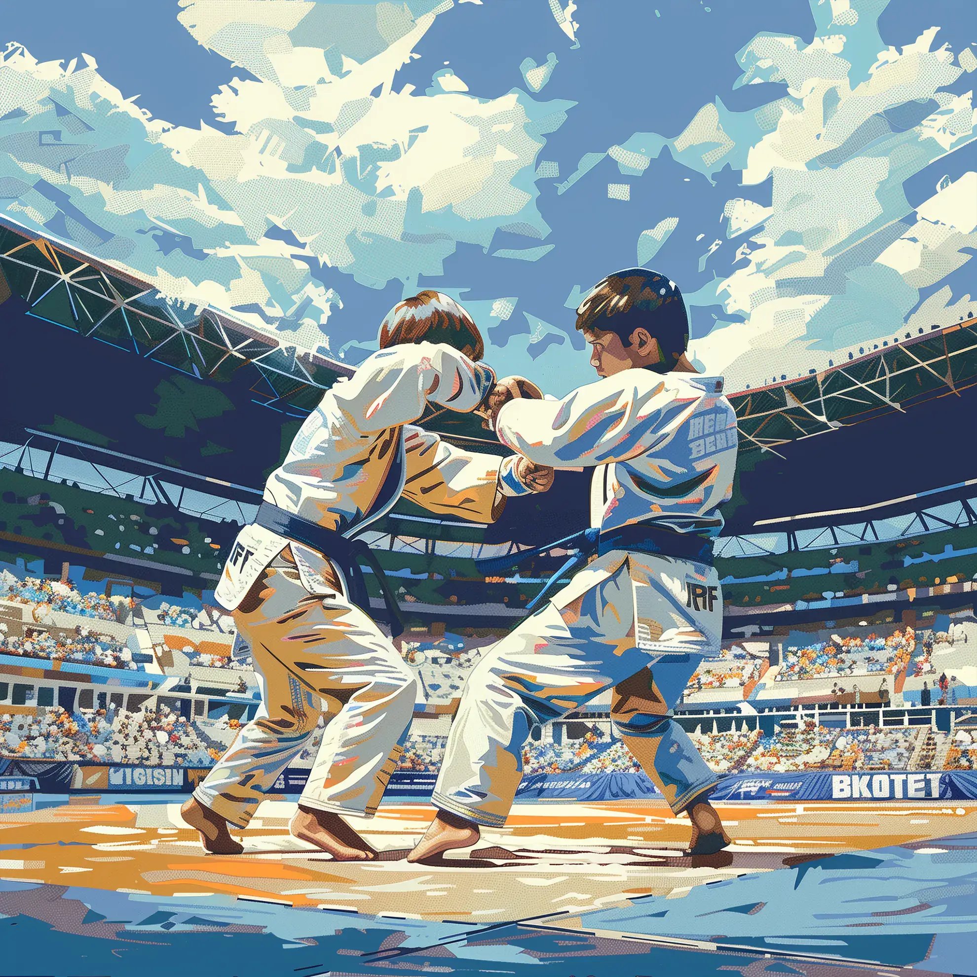 Hai võ sĩ judoka trẻ đầy quyết tâm tham gia vào một trận đấu mang tính cạnh tranh, sân vận động xung quanh họ nhộn nhịp với năng lượng của đám đông. 
Sự tập trung của họ rất cao, thể hiện kỹ năng và tinh thần của những ngôi sao đang lên trong Đội thi dành cho Trẻ em của chúng tôi.
