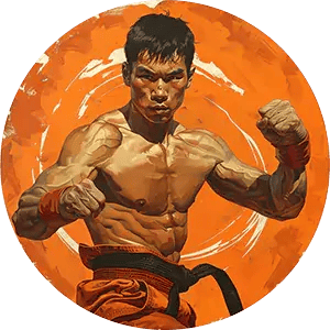 Một võ sĩ mãnh liệt được đặt trên phông nền màu cam rực rỡ, các cơ căng thẳng trong tư thế chiến đấu, đeo đai võ thuật truyền thống. 
Biểu cảm dữ tợn và tư thế mạnh mẽ của anh thể hiện sự tôn vinh di sản lâu dài của võ thuật, tượng trưng cho sự kết hợp giữa thiết bị luyện tập chất lượng cao với truyền thống lâu đời của võ thuật Thái Lan.