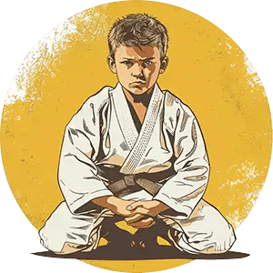 Một võ sĩ trẻ ngồi trong tư thế seiza, tư thế quỳ truyền thống, trên tấm thảm võ đường với vẻ mặt kiên quyết trên nền vàng. 
Đai đen của anh ấy biểu thị sự thành thạo, nhưng tuổi trẻ của anh ấy cho thấy một cuộc hành trình vẫn đang tiếp diễn. 
Điều này thể hiện cam kết của chúng tôi trong việc cung cấp các chương trình phù hợp cho mọi giai đoạn của hành trình võ thuật, từ người mới bắt đầu đến võ sĩ nâng cao.