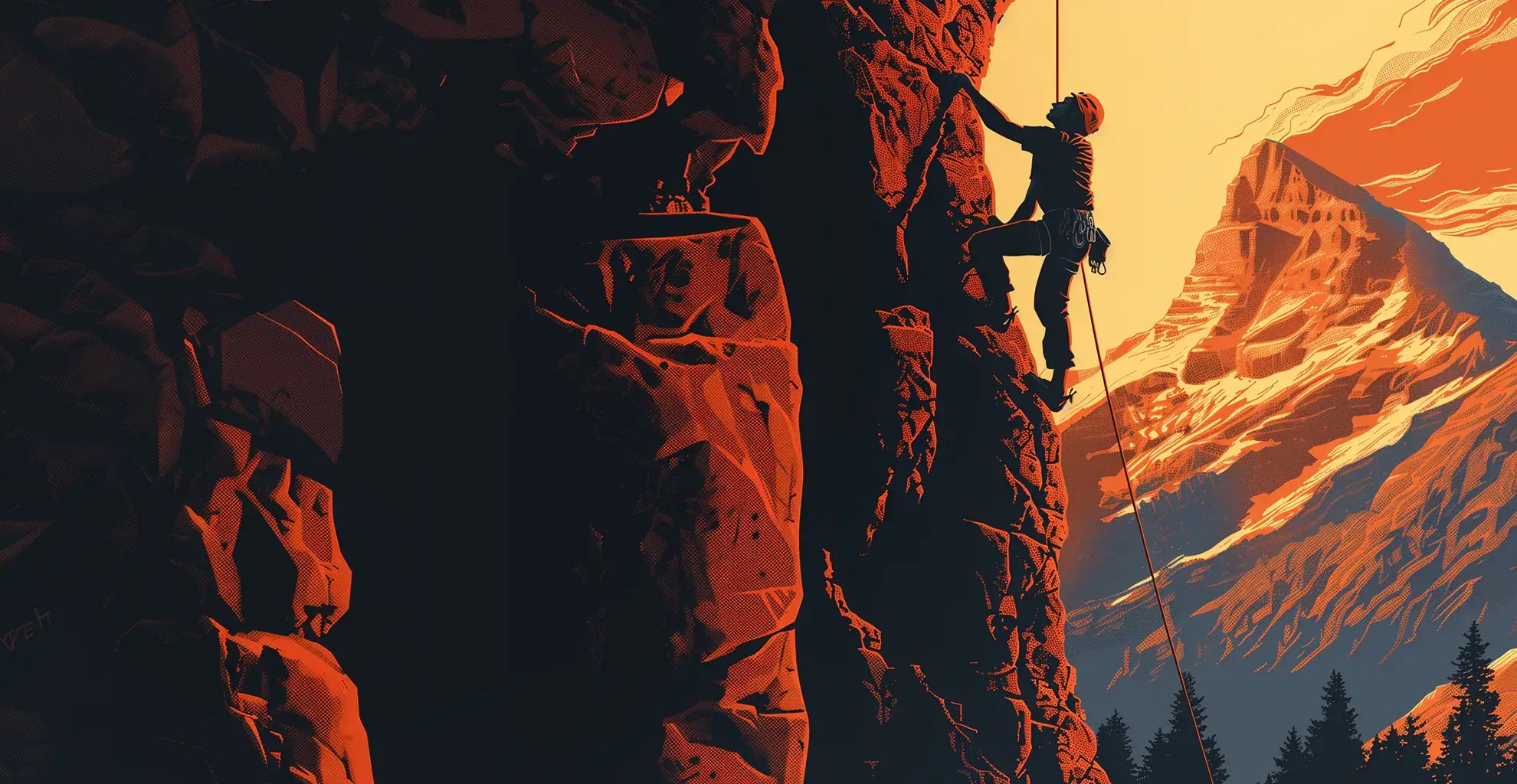 Альпинист поднимается по крутой скале в сумерках, на фоне яркого оранжево-красного неба, подчеркивающего гористую местность. 
Это представляет собой острые ощущения от решения новых задач, подобные динамичному и разнообразному опыту, который дают тренировки по боевым искусствам.