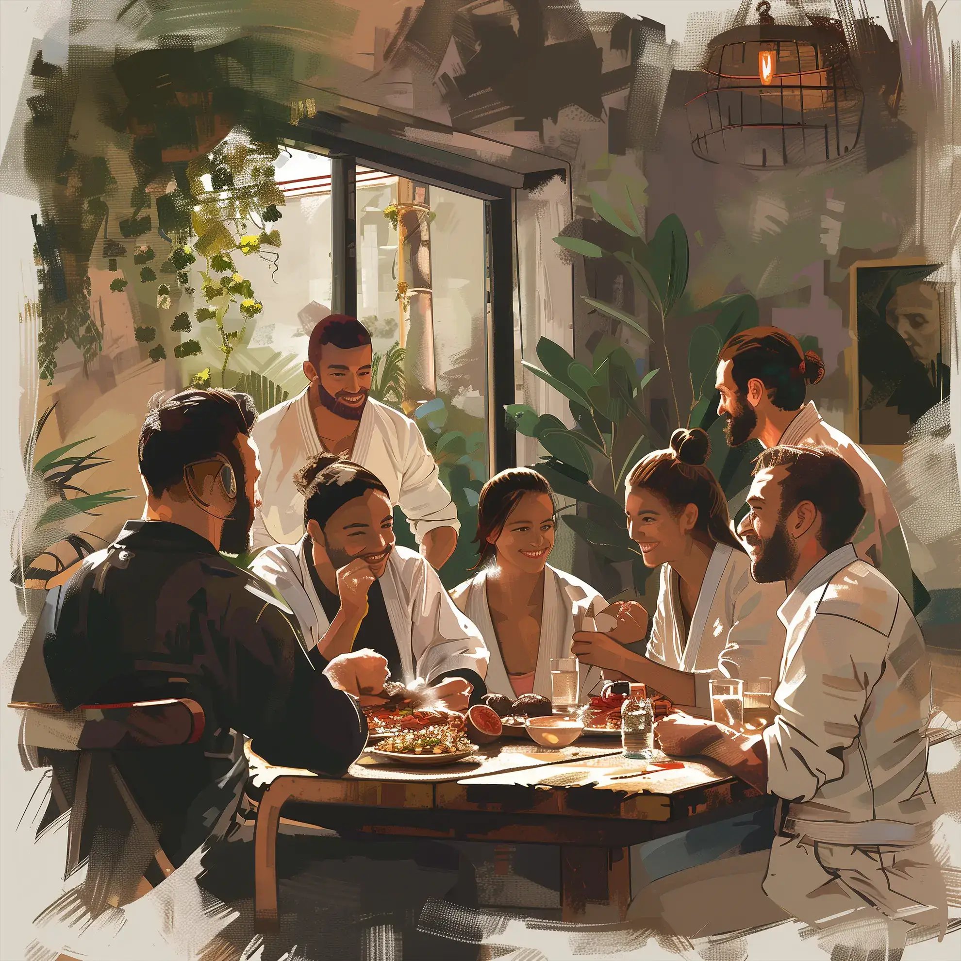 Một nhóm các cá nhân vui vẻ trong BJJ gis cùng nhau thưởng thức bữa ăn, đại diện cho cộng đồng và tình bạn được hình thành thông qua kinh nghiệm chung khi luyện tập Nhu thuật Brazil.