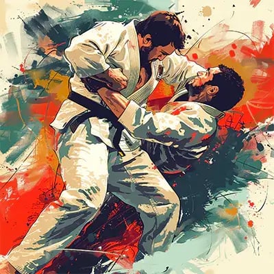 Hai võ sĩ judoka đang thực hiện một động tác ném, một người tận dụng đà của người kia để thể hiện kỹ năng và kỹ thuật. 
Nền bùng nổ với những mảng màu sắc thu hút năng lượng và chuyển động của Judo. 
Điều này thể hiện sự tập trung của chương trình Judo vào các cú ném, hạ gục và kiểm soát mặt đất, cũng như tính kỷ luật và tôn trọng là cốt lõi của nó.