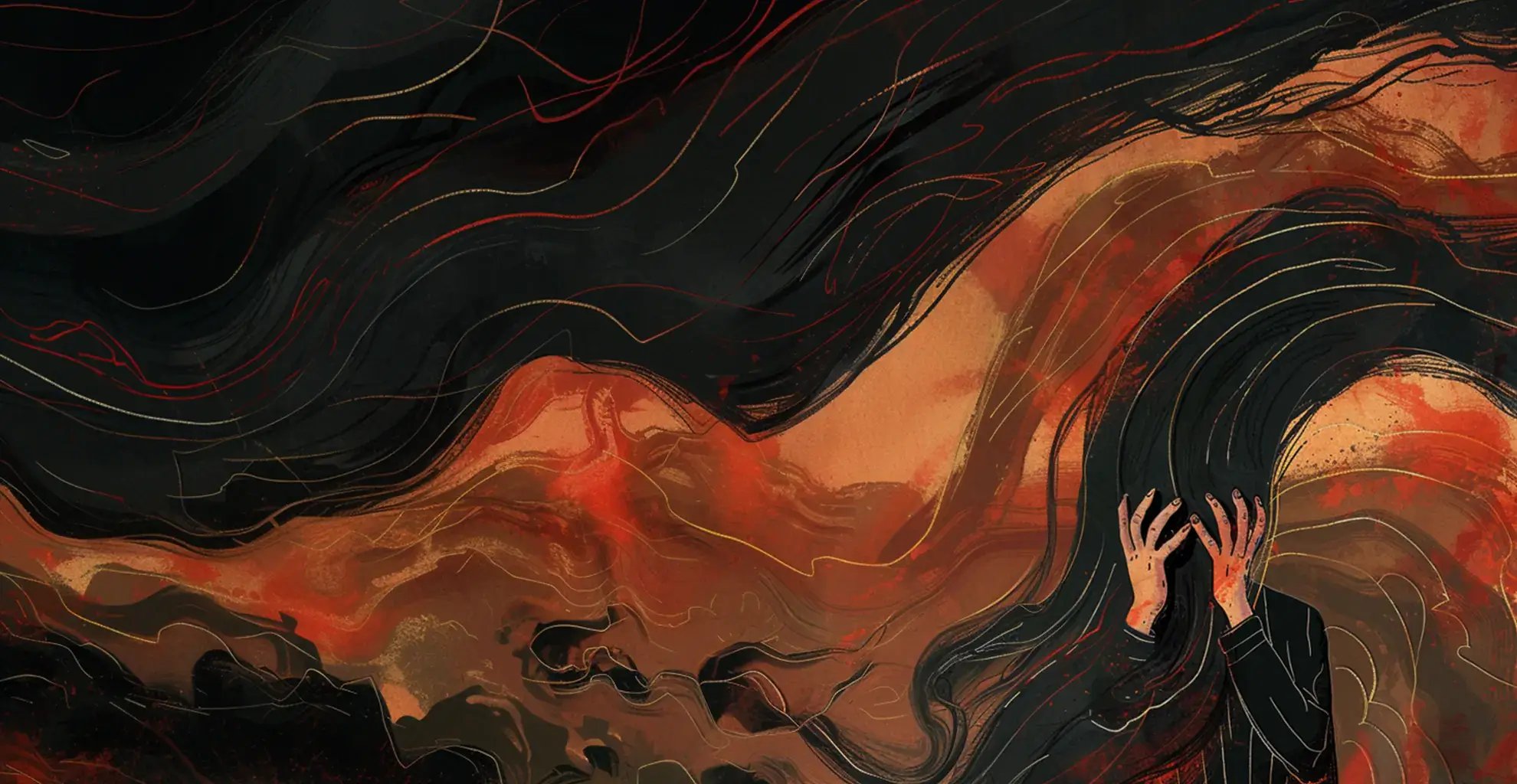 A solitary hand emerges from swirling darkness, reaching towards the turbulent red and black waves that evoke a sense of inner turmoil and the struggle with self-doubt. The chaotic scene symbolizes the journey of overcoming personal barriers, akin to the confidence-building process found in Brazilian Jiu-Jitsu training.