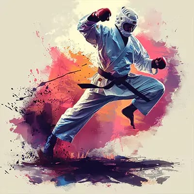 Một vận động viên mặc trang phục taekwondo gi màu trắng với mũ bảo hộ và găng tay được ghi lại khi đang thực hiện cú đá giữa trận, với vệt màu sắc sống động nhấn mạnh chuyển động. 
Hình ảnh sống động này tượng trưng cho sự tập trung, tốc độ và sức mạnh được dạy trong chương trình Taekwondo, không chỉ rèn luyện sức mạnh thể chất mà còn cả tính kỷ luật tinh thần.