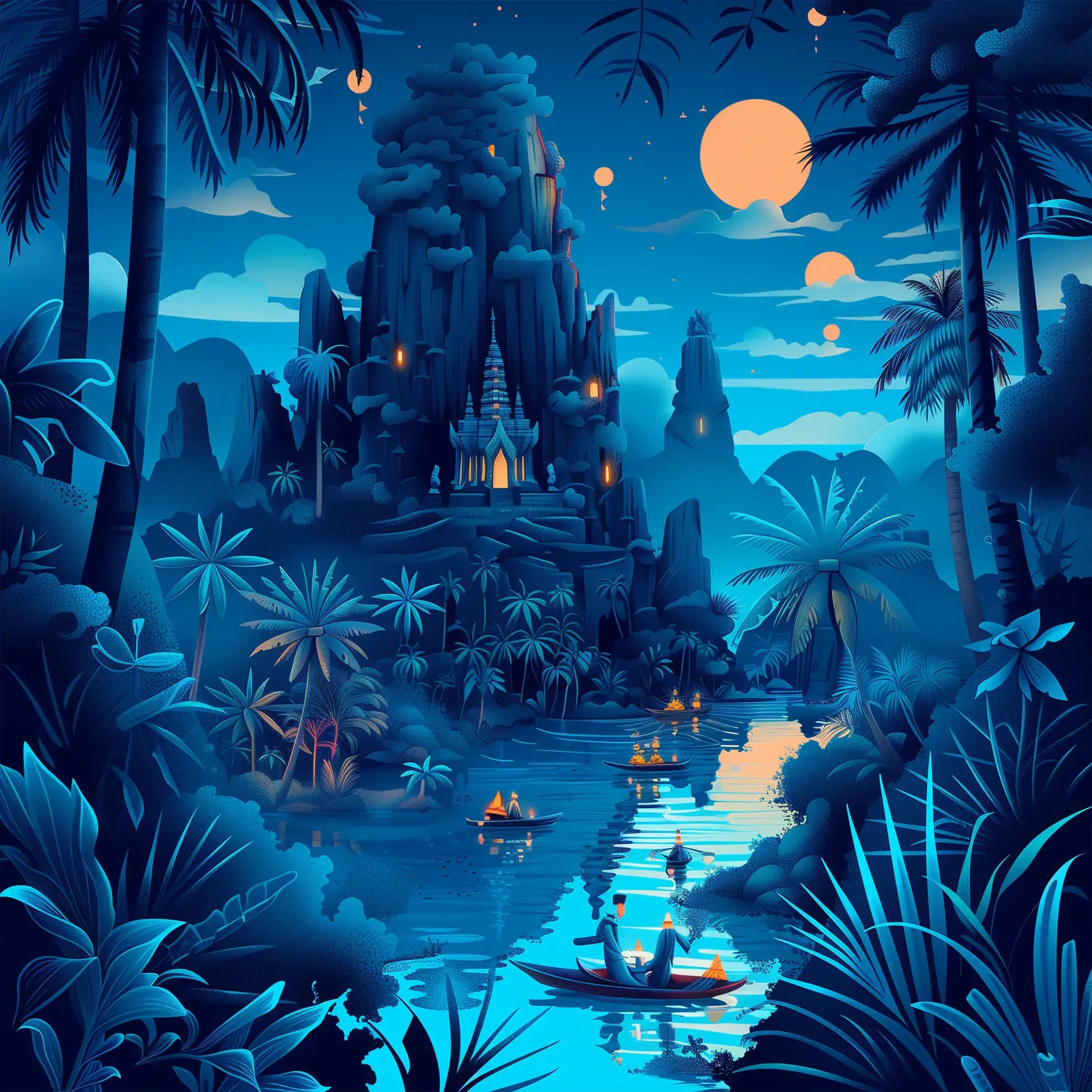 Идиллический тропический пейзаж в сумерках: водопады, ниспадающие с горы рядом с традиционным сооружением, освещенным мягким светом луны и фонарями, символизирующими безмятежную и манящую природу бразильского джиу-джитсу в Таиланде.