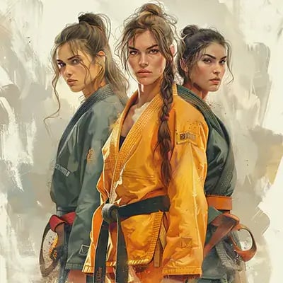 Ba người phụ nữ kiên quyết trong trang phục BJJ với màu sắc khác nhau đứng tựa lưng vào nhau, toát lên sự tự tin và đoàn kết. 
Mỗi người đều đeo một chiếc thắt lưng thể hiện đẳng cấp của mình và tư thế đĩnh đạc của họ thể hiện sự sẵn sàng và sức mạnh. 
Hình ảnh này phản ánh tinh thần của chương trình BJJ Nữ, hướng tới sức mạnh, kỹ thuật và môi trường tập luyện hỗ trợ.