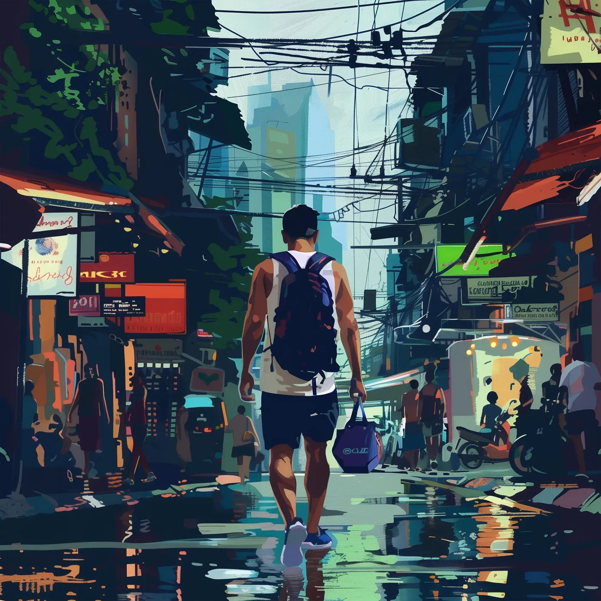 Мужчина уверенно идет по шумным улицам Бангкока, энергия города отражается в ярких цветах и ​​отражениях мокрого тротуара. 
Городской пейзаж наполнен духом боевых искусств, что свидетельствует о приверженности города образу жизни BJJ среди его традиционных корней в тайском боксе.